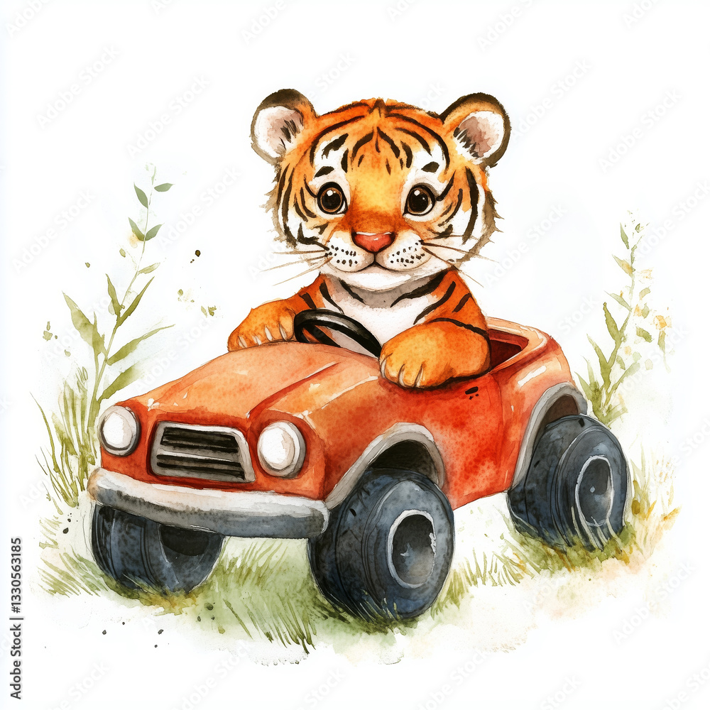 Naklejka premium Cute tiger driving a toy car - watercolor illustration, children's book, bedroom decor