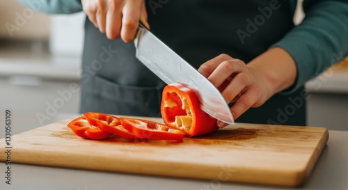 Young adult caucasian female slicing red bell pepper on wooden cutting board in kitchen photo