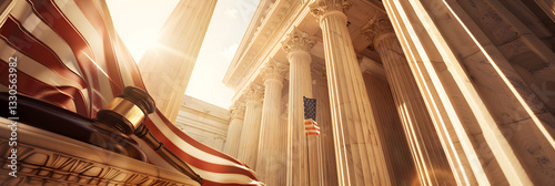 Symbolic Representation of US Laws: The Supreme Court, Law Book, Gavel, and American Flag