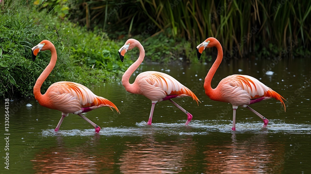 Fototapeta premium Three Pink Flamingos Walking in a Pond