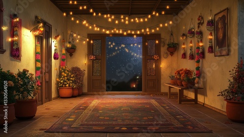 A cozy Indian home decorated for Diwali, featuring a traditional area rug on the floor, adorned with lights and colorful garlands