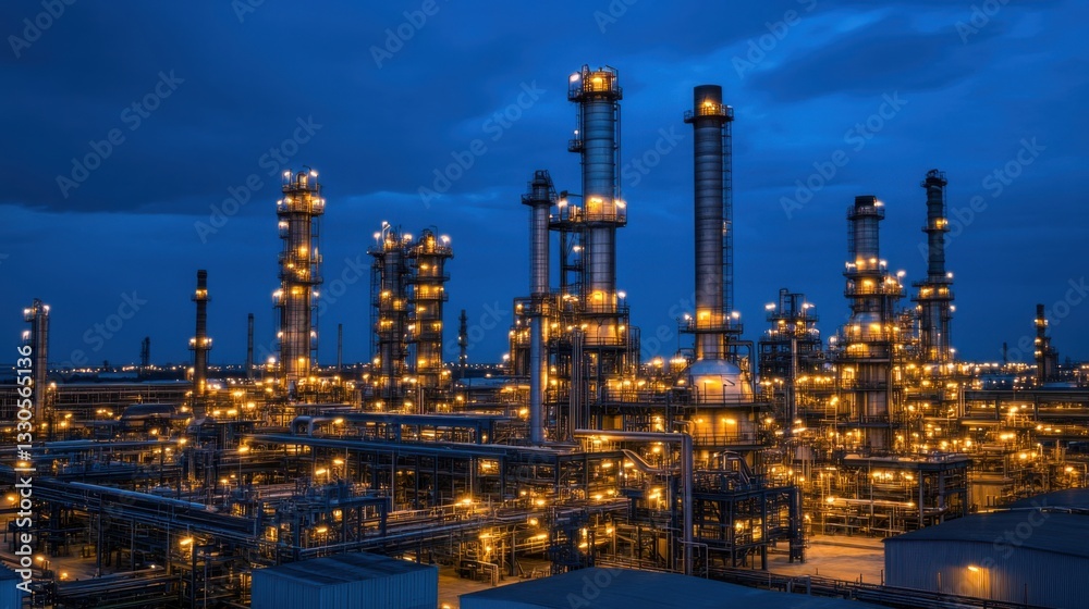 Industrial Complex at Night with Illuminated Stacks and Pipelines Industrial Complex at Night with Illuminated Stacks and Pipelines