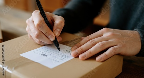 Hands addressing parcel with pen on brown package for shipping delivery