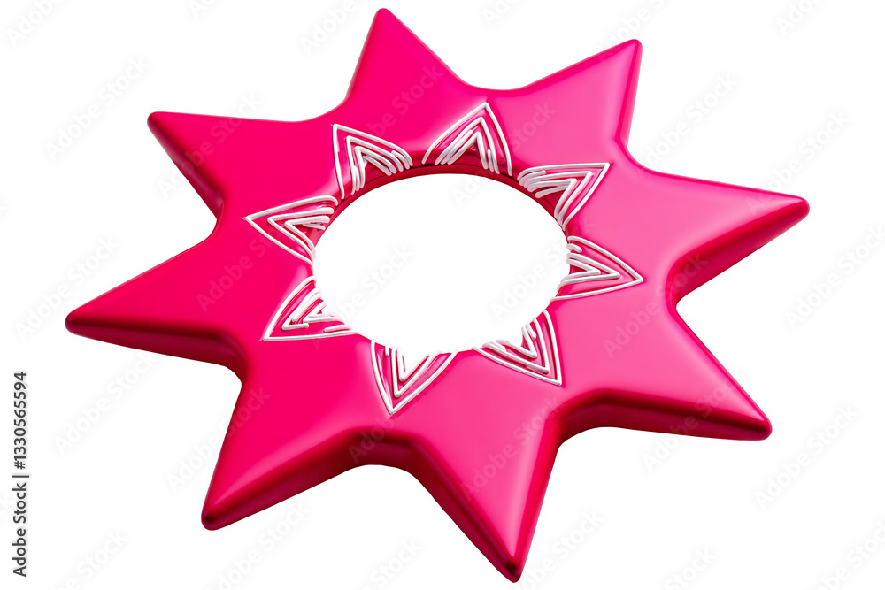 Obraz premium Vibrant Hot Pink Eight-Pointed Star Ring with White Geometric Pattern and Center Cutout on Transparent Background for Decorative Design Element