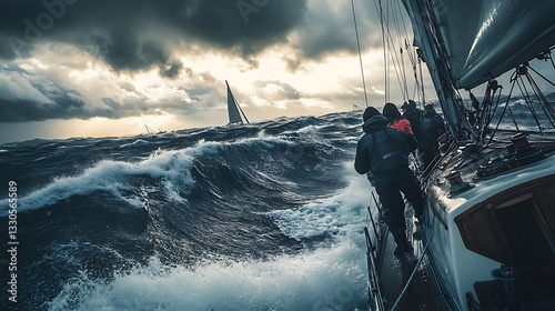 Wallpaper Mural Sailors navigate stormy ocean on sailboat, dramatic waves and clouds. Torontodigital.ca