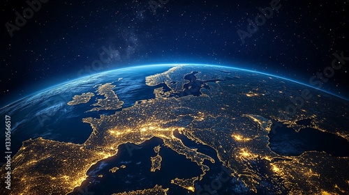 Earth at night glows with light from cities in Europe, including Italy, Germany, Poland, England, Belgium, Turkey, and Moscow, highlighting business and communication on our beautiful blue planet.
