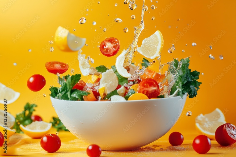 Fresh Salad Bursting with Flavor: Tomatoes, Lemon, Mozzarella, Herbs, Water Splashing on Bright Yellow Background Fresh Salad Bursting with Flavor: Tomatoes, Lemon, Mozzarella, Herbs, Water Splashing on Bright Yellow Background