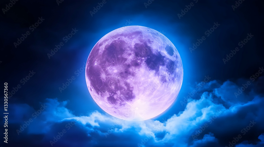 Obraz premium Large, vibrant moon, glowing pink-purple hues, with dark clouds