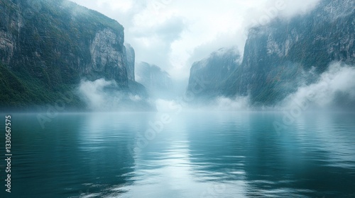 Misty Fjord Landscape: Serene Norwegian Fjord Enveloped in Fog