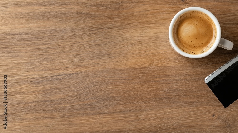 Obraz premium Enjoying a quiet moment with coffee and a journal on a wooden table in the morning light