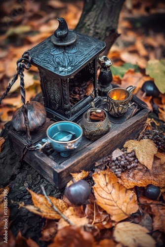 Obraz na płótnie Autumnal Tea Ceremony: A Mystical Forest Setting w salonie