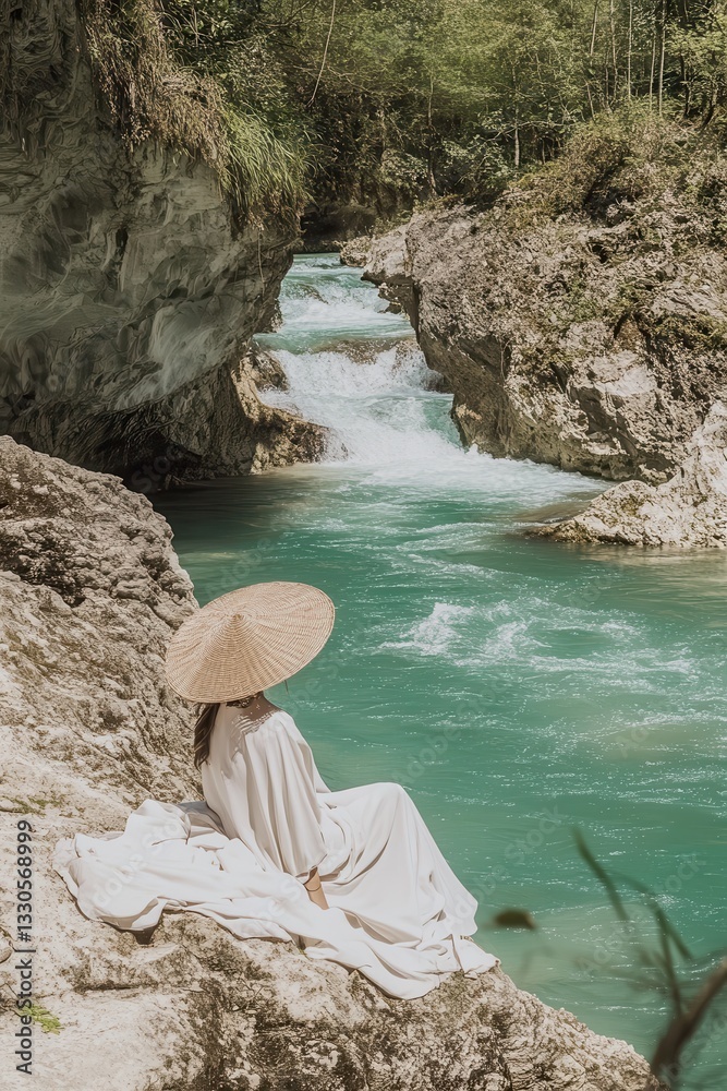 Serene River Escape: Woman Contemplates Nature's Beauty