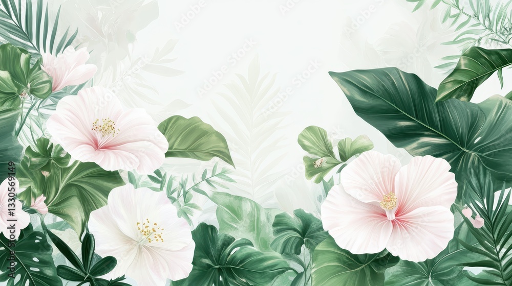 Serene Tropical Blossom: A Watercolor Dream of Hibiscus and Lush Foliage