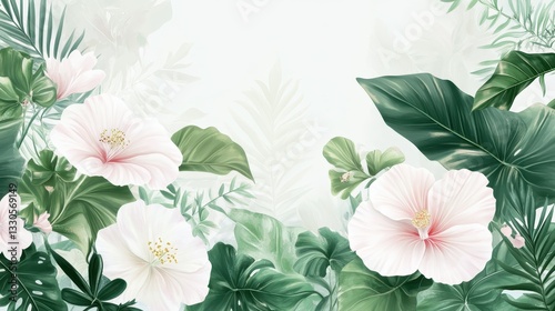 Serene Tropical Blossom: A Watercolor Dream of Hibiscus and Lush Foliage