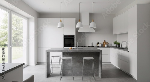 Modern minimalist white kitchen interior with concrete island and pendant lights. Contemporary cooking space with garden view. Clean scandinavian design for home renovation concept.