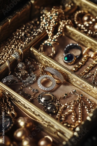 A beautifully crafted jewelry box overflowing with gold and precious gems, perfect for ornate decor or as a treasured keepsake