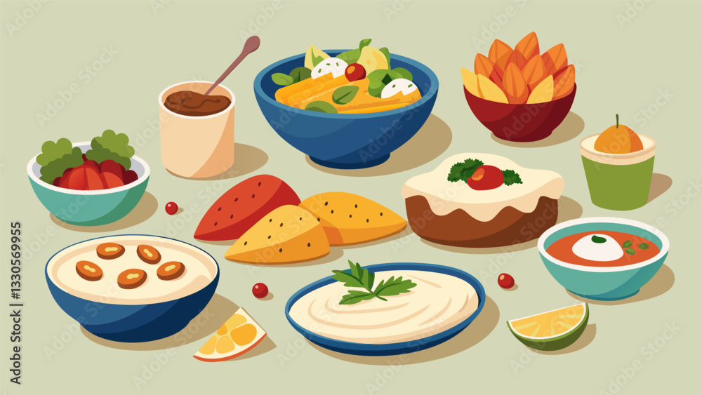 An array of homemade dips spreads and bites showcase the hosts expertise in preparing authentic and delicious mezze dishes.. Vector illustration An array of homemade dips spreads and bites showcase the hosts expertise in preparing authentic and delicious mezze dishes.. Vector illustration