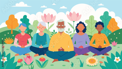 A serene garden filled with blooming wildflowers serving as the backdrop for a group of seniors finding their center in seated meditation.. Vector illustration