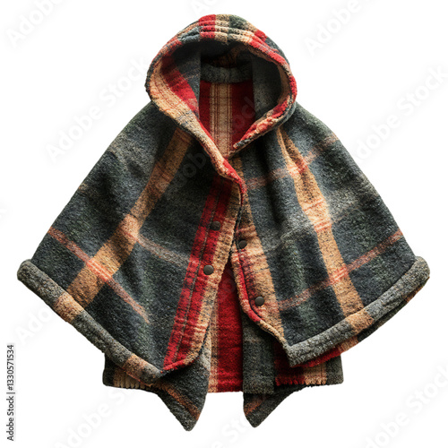 A Reversible Winter Cape with Plaid and Solid Color Isolated on Transparent Background photo