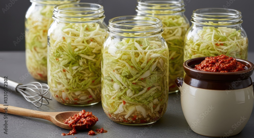 Preparing Fermented Cabbage in Glass Jars with Chili Sauce Preparing Fermented Cabbage in Glass Jars with Chili Sauce
