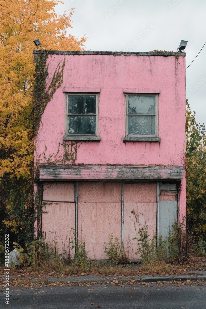 A pink building with a bird perched on top of it A pink building with a bird perched on top of it