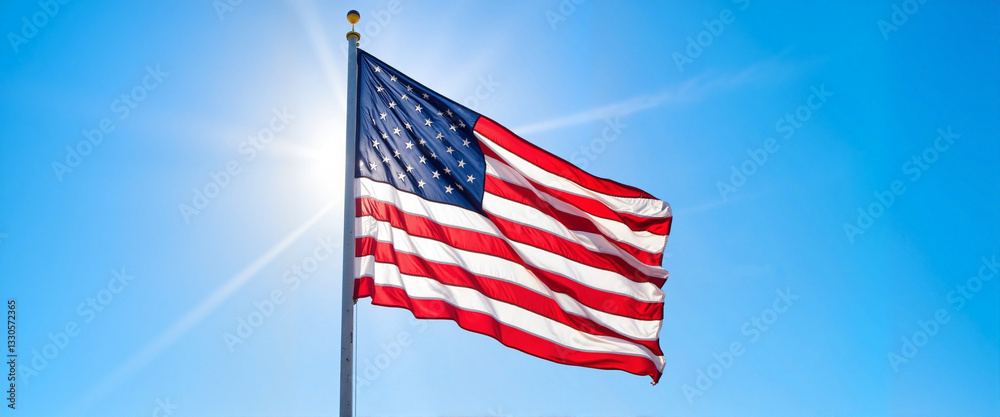 Obraz premium Waving American flag against bright blue sky, patriotic symbol