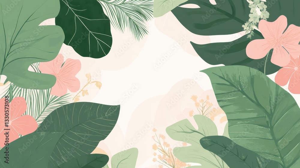 Tropical Floral Paradise: A Serene Garden of Lush Greens and Delicate Pink Blossoms
