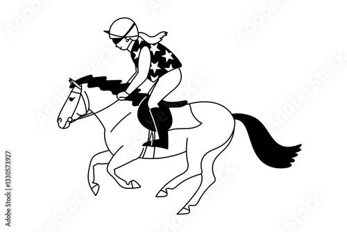 Young jockey riding a galloping pony in black and white line art style  