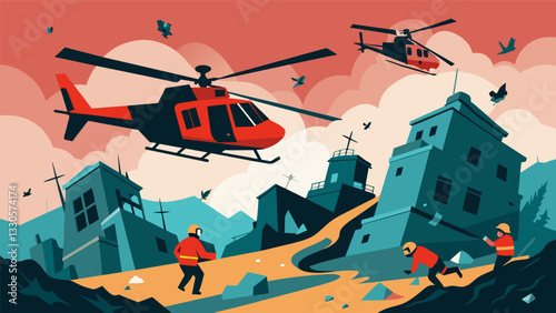 Disaster response helicopters outfitted with advanced thermal imaging technology to locate survivors in collapsed buildings.. Vector illustration