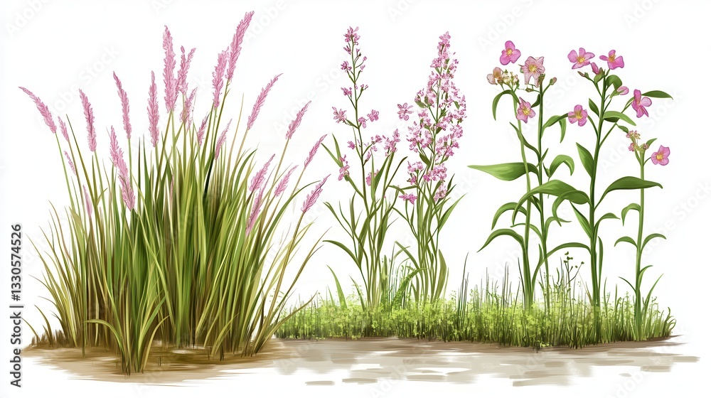Pink Flowers and Green Grasses in a Summer Meadow