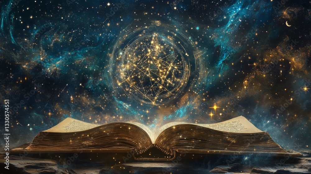 Obraz premium Moonlit pages of an ancient tome, Unveiling secrets of the cosmos' dome. Stars and signs align, a cosmic guide, In the tapestry of time, they confide.