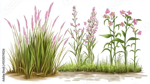 Obraz na płótnie Pink Flowers and Green Grasses in a Summer Meadow w salonie