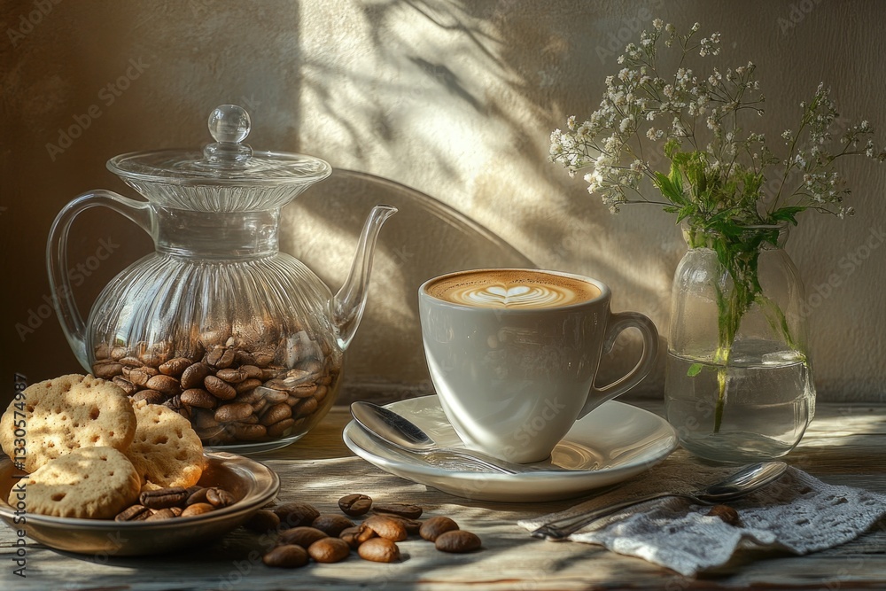 Fototapeta premium A cup of coffee and some cookies on a wooden table with a rustic background