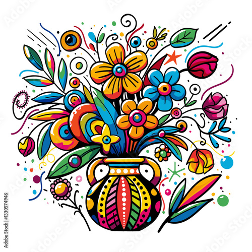 Vibrant Abstract Floral Bouquet in Decorative Vase – Colorful Digital Illustration