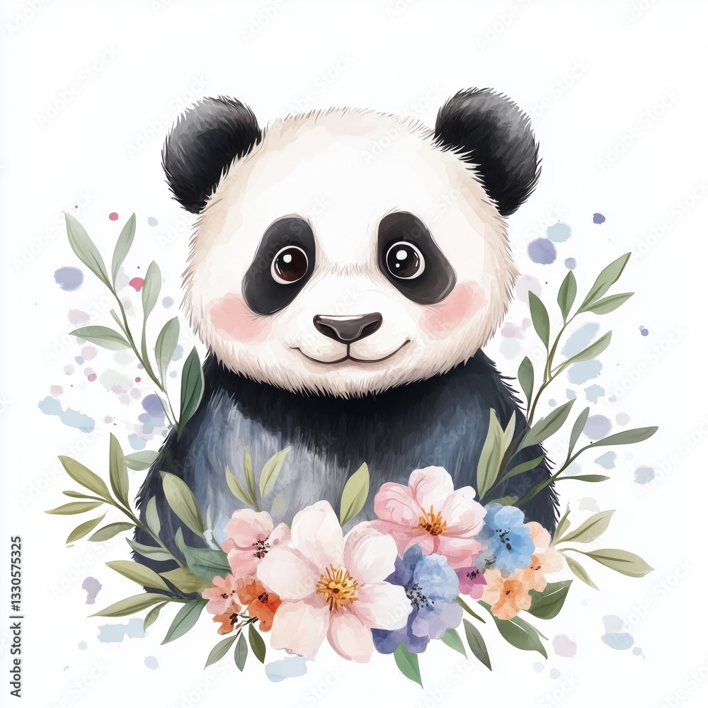Fototapeta premium Cute watercolor panda illustration with floral elements