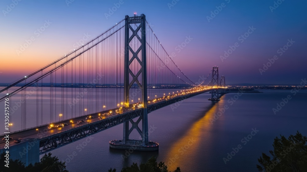 A massive suspension bridge with cars and lights glowing at dusk A massive suspension bridge with cars and lights glowing at dusk
