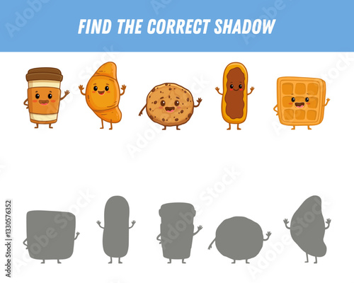 Find the correct shadow of the cup of coffee, viennese waffle, cookie, eclair and croissant. Educational logic game for children. Cute cartoon food characters. Vector illustration 