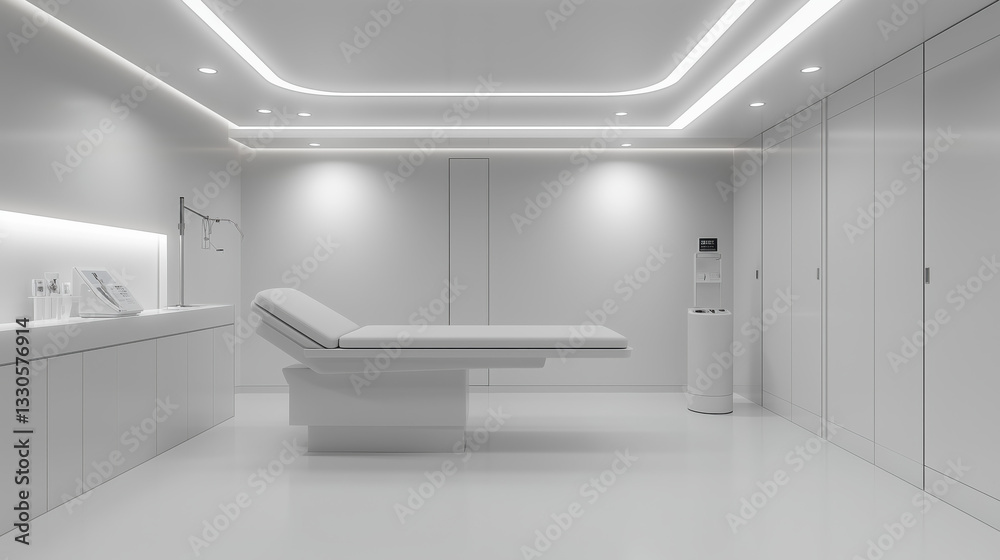 Fototapeta premium A minimalist interior of a modern medical room with an examination bed and white walls. The space is clean, well-lit, and designed for diagnostics or procedures.