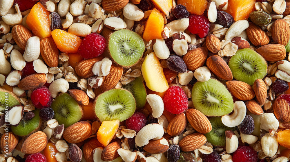 A vibrant mix of fresh fruits nuts and seeds arranged in a healthy colorful breakfast bowl on a clean white table.