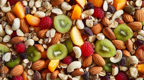 Obraz na płótnie A vibrant mix of fresh fruits nuts and seeds arranged in a healthy colorful breakfast bowl on a clean white table.
w salonie