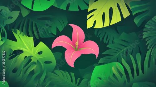 Obraz na płótnie Tropical Paradise: A Pink Flower Amidst Lush Greenery w salonie