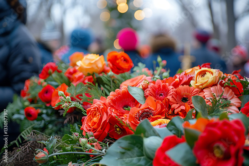 memorial ceremony, people pay tribute with wreaths, flowers, and reverence to honor sacrifice and heroism