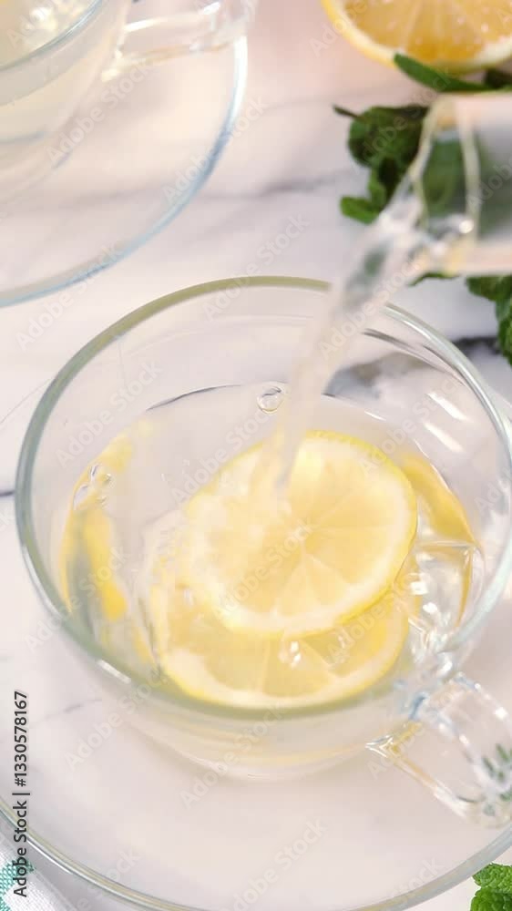 Pouring homemade mint tea over fresh lemon slices in a cup. Vertical video. Close-up. Pouring homemade mint tea over fresh lemon slices in a cup. Vertical video. Close-up.