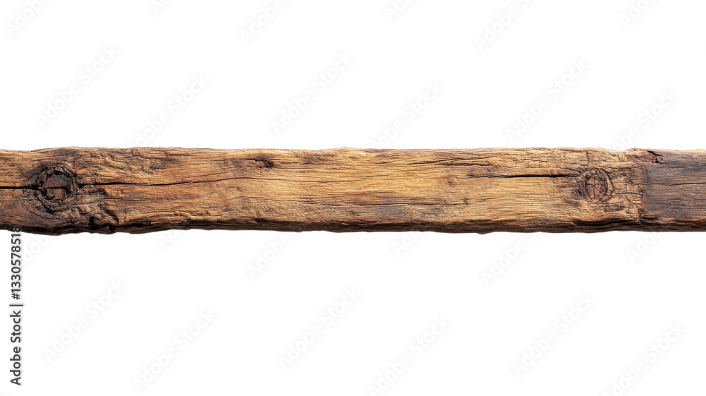 Old wooden beam with natural texture and age marks displayed against a white background