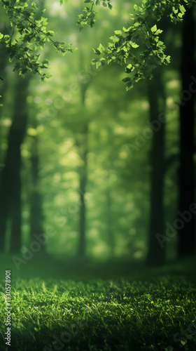 Sunlight filters through leaves in a mysterious forest with green grass in the foreground