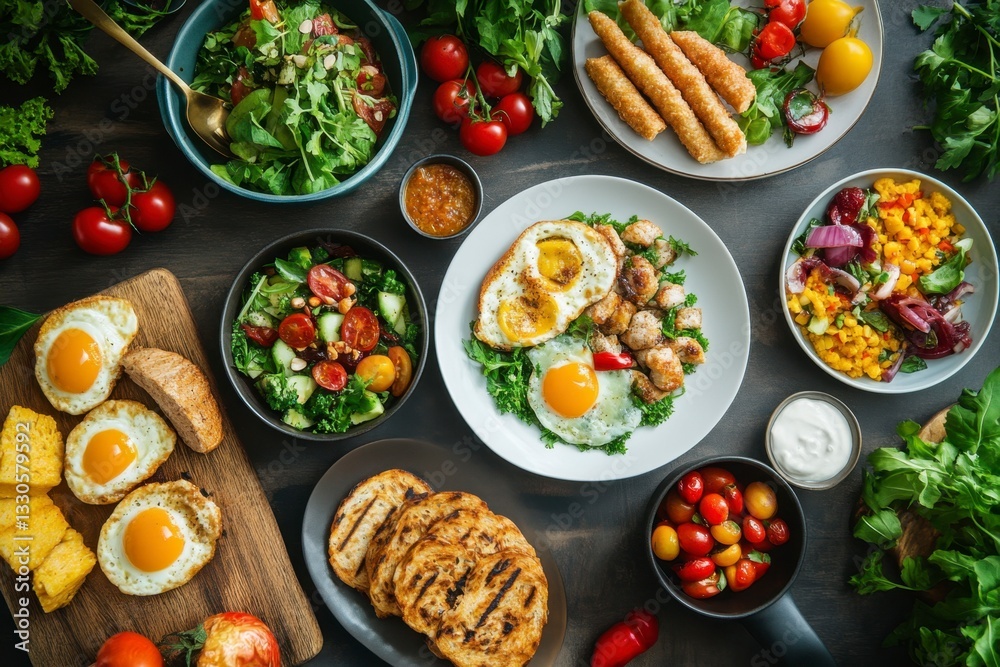 Varied Breakfast Food Display with Fried Eggs, Salads, Vegetables, and Grilled Bread on Dark Wooden Surface Varied Breakfast Food Display with Fried Eggs, Salads, Vegetables, and Grilled Bread on Dark Wooden Surface