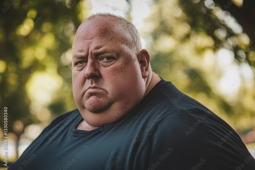 Overweight Middle-Aged Man With a Serious Expression Outdoors in Natural Light Portrait Overweight Middle-Aged Man With a Serious Expression Outdoors in Natural Light Portrait