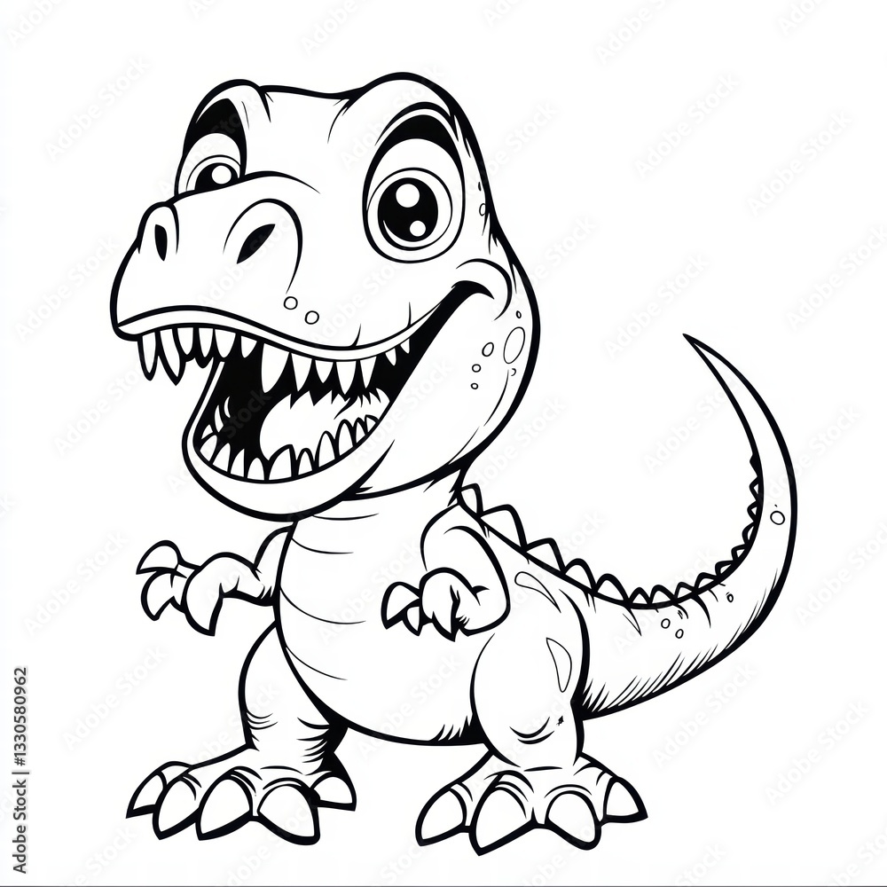 Naklejka premium Smiling Dino: A black and white cartoon illustration of a smiling dinosaur, capturing the fun, cartoon-like quality of prehistoric wildlife, with its cute smile.