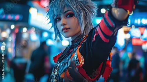 A cosplayer dressed as a popular game character, posing dynamically at a gaming convention.