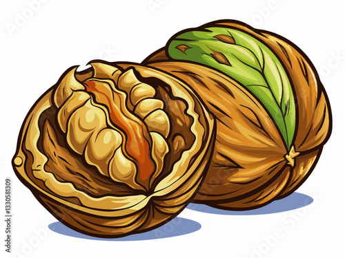 vector of  walnut, peeled and in shell, on a white isolated background